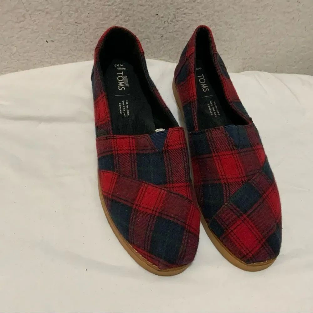 Toms Red Plaid Felt on Leather Alpargata Shoes Slip Ons Flats Womens Size 9.5